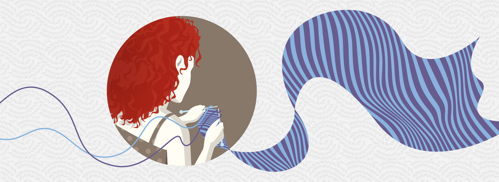 Illustration of a red-haired woman knitting, with colorful yarn trailing across the page